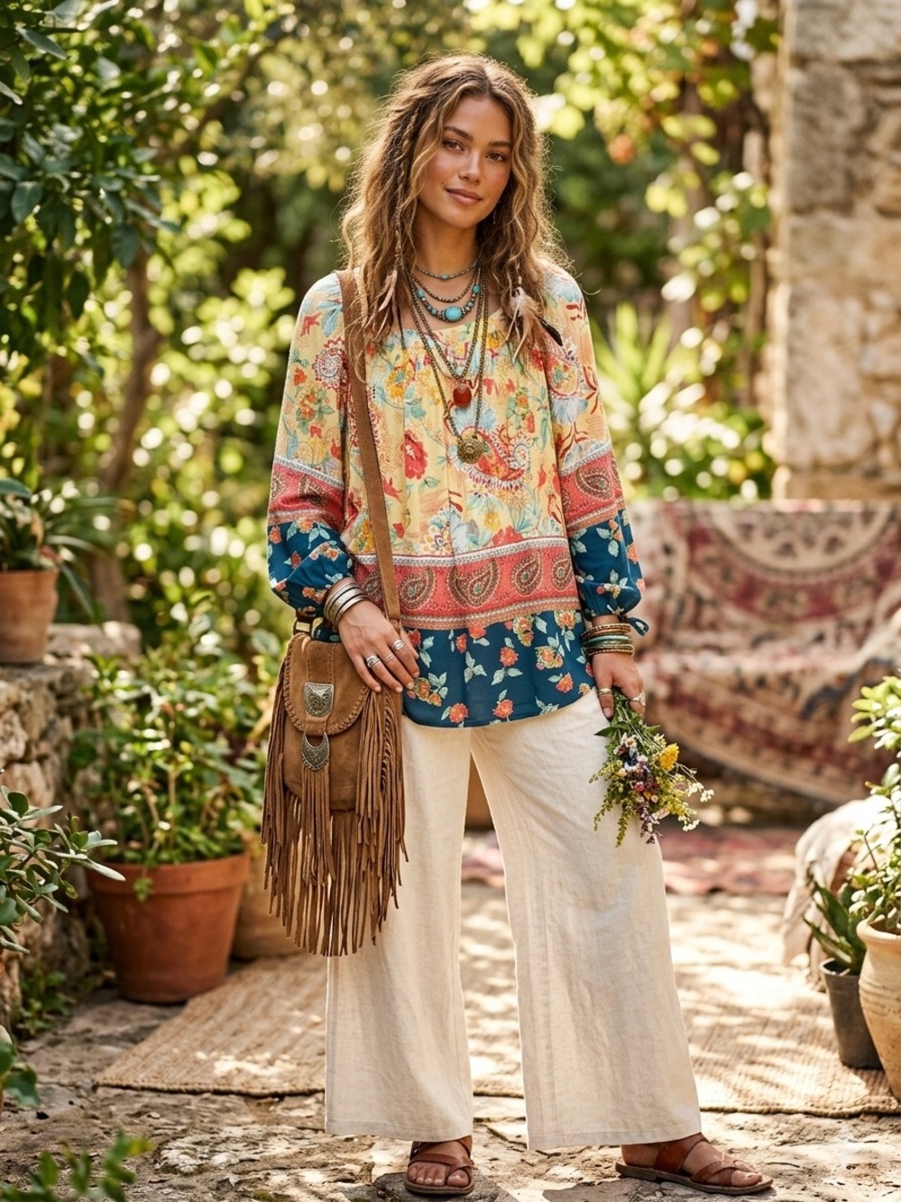 Figueroa & Flower Boho Top Size PL Yellow Floral Paisley Border Print Rayon